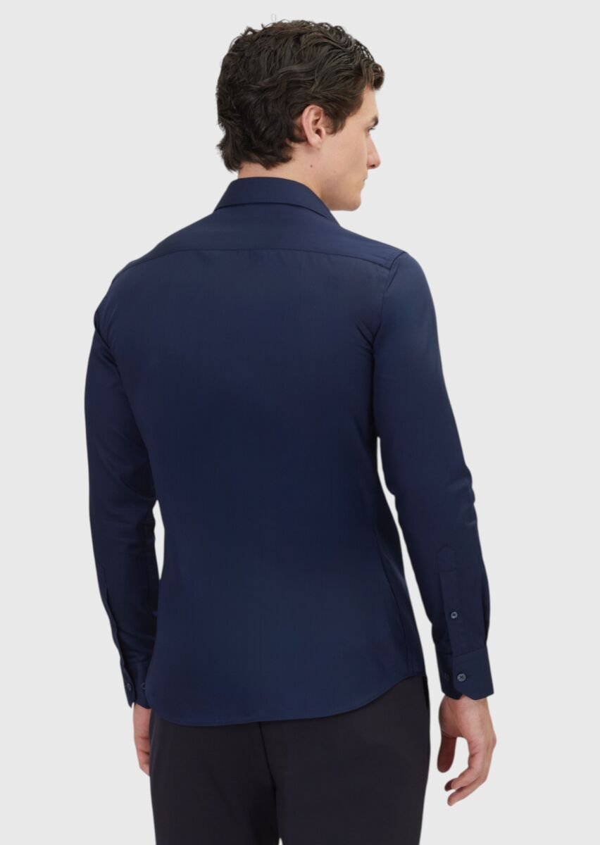 Navy Blue Plain Slim Fit Weaving Classical 100% Cotton Shirt - 5