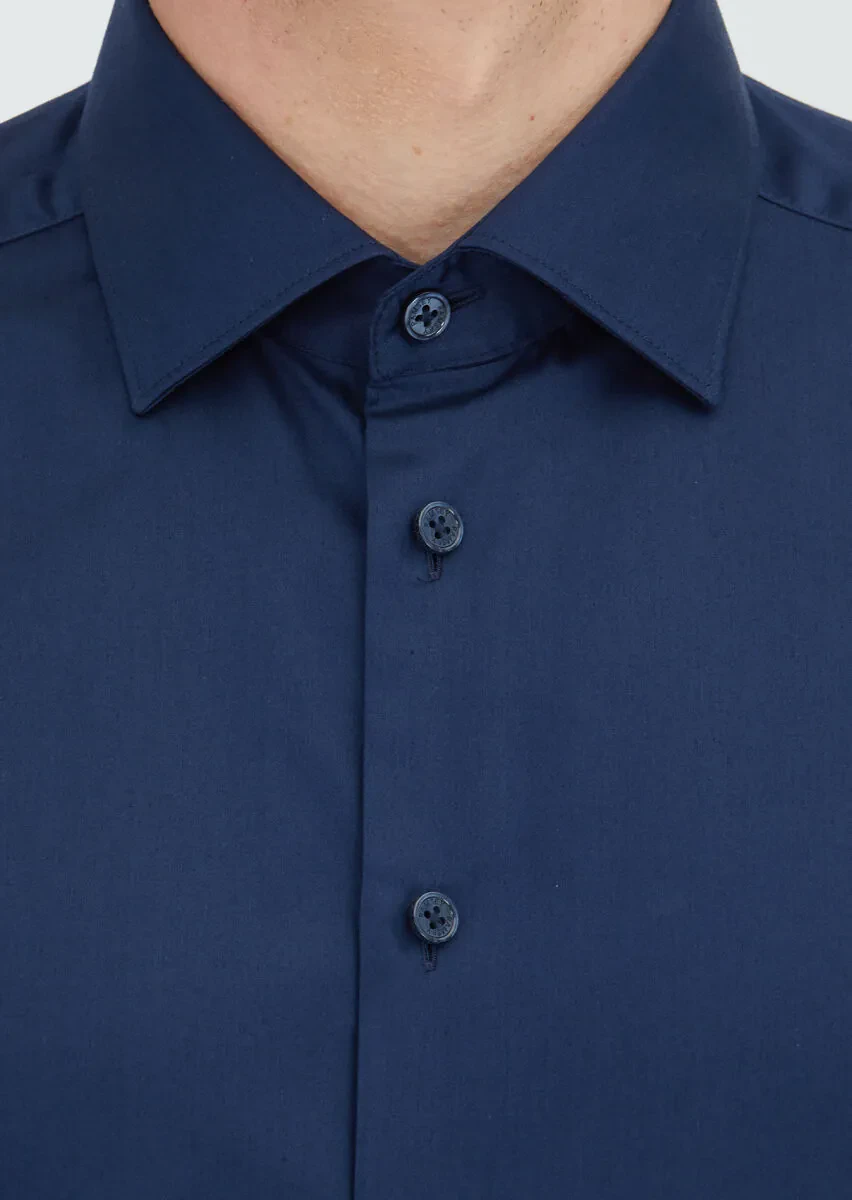 Navy Blue Plain Slim Fit Weaving Classical 100% Cotton Shirt - 4