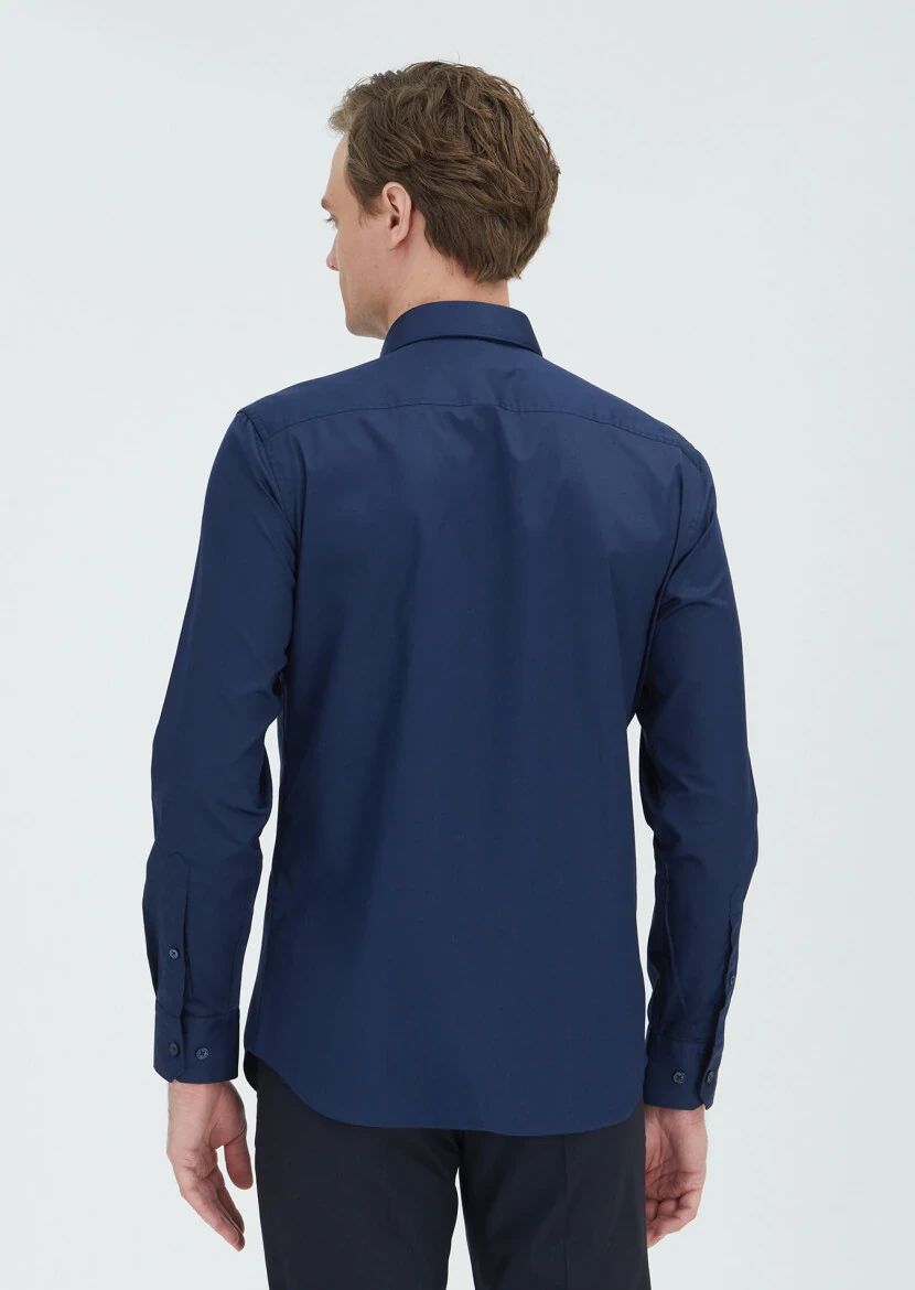 Navy Blue Plain Slim Fit Weaving Classical 100% Cotton Shirt - 5