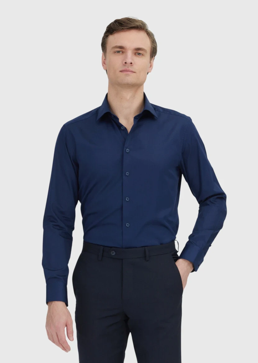 Navy Blue Plain Slim Fit Weaving Classical 100% Cotton Shirt - RAMSEY