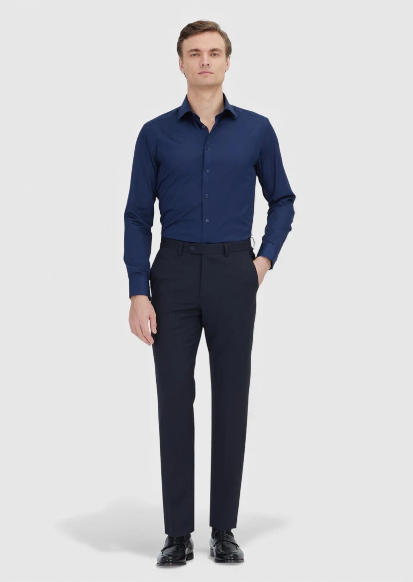 Navy Blue Plain Slim Fit Weaving Classical 100% Cotton Shirt - RAMSEY