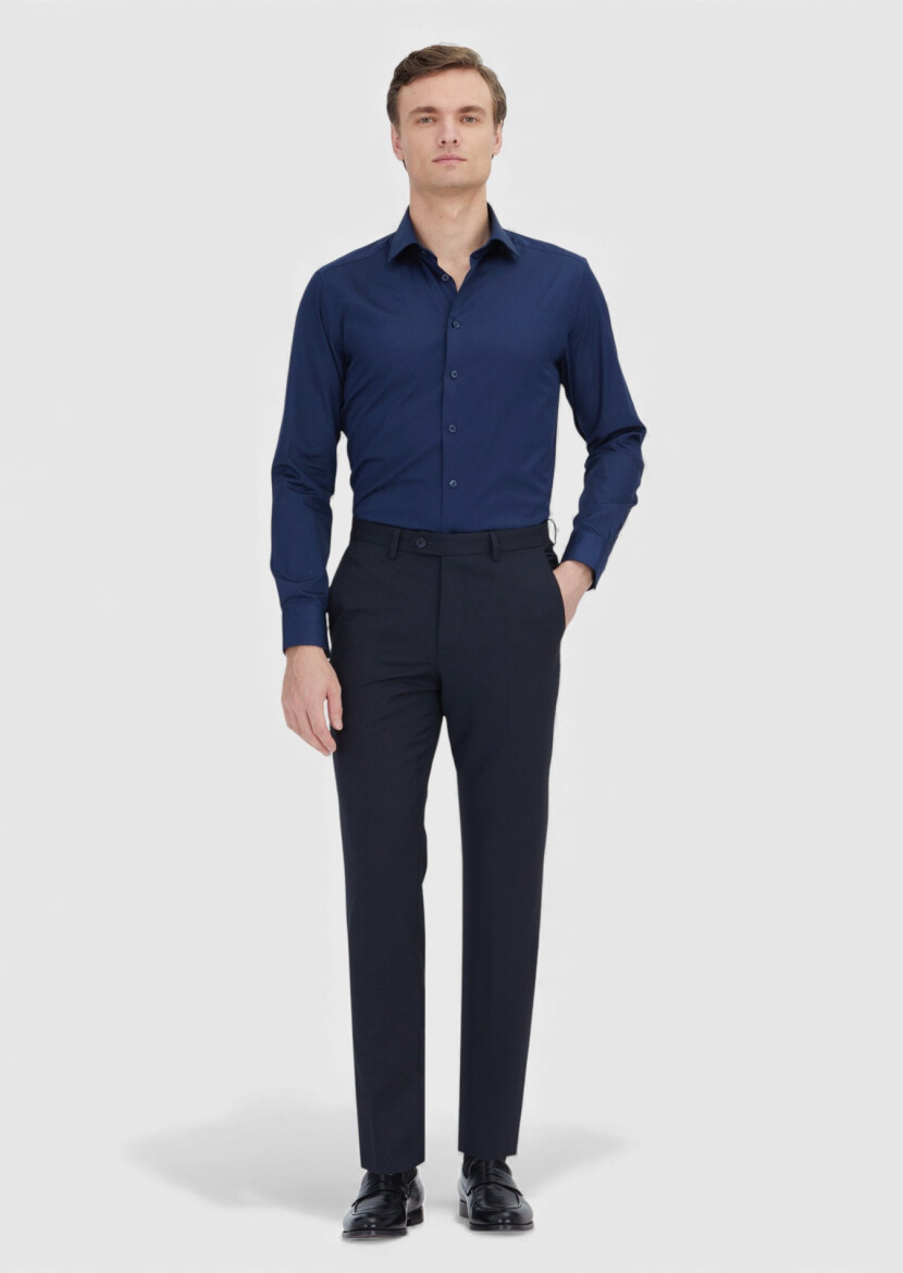 Navy Blue Plain Slim Fit Weaving Classical 100% Cotton Shirt - RAMSEY