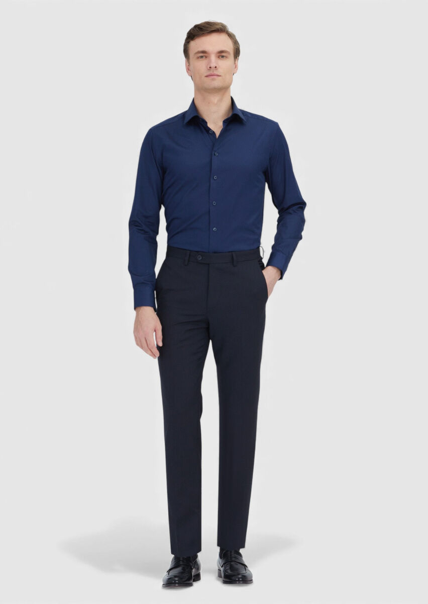 Navy Blue Plain Slim Fit Weaving Classical 100% Cotton Shirt - 2
