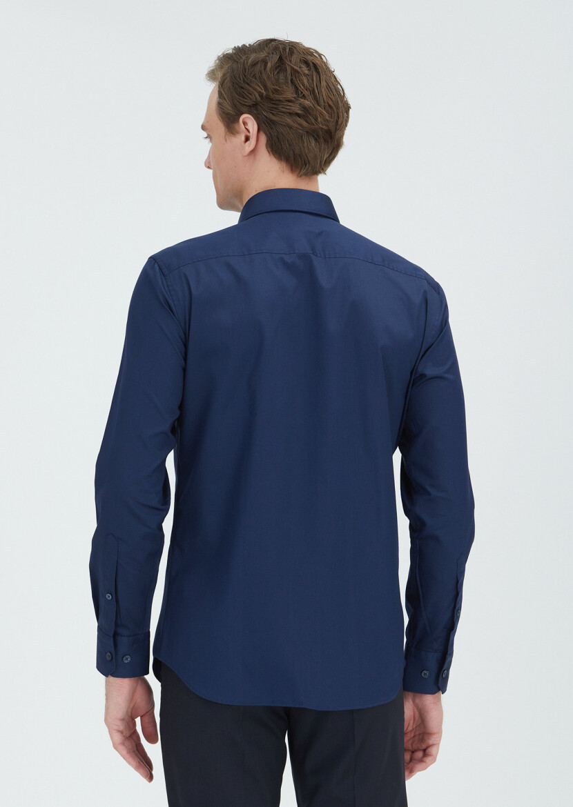 Navy Blue Plain Slim Fit Weaving Classical 100% Cotton Shirt - 5