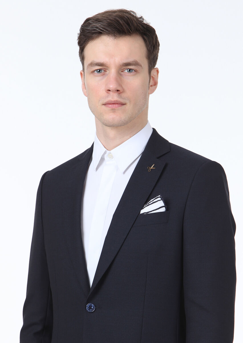 Navy Blue Plain Thin&Taller Slim Fit 100% Wool Suit - 2