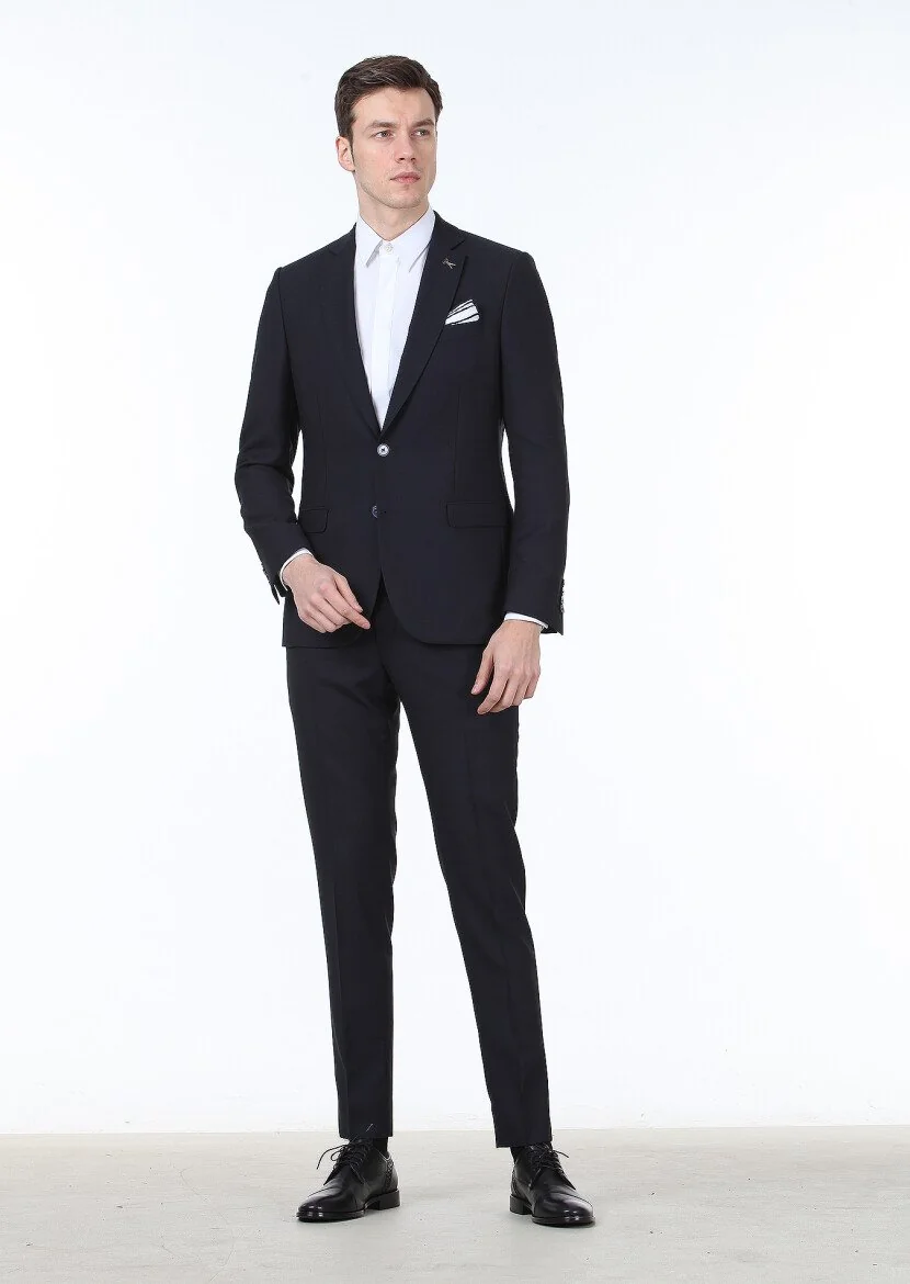 Navy Blue Plain Thin&Taller Slim Fit 100% Wool Suit - 1
