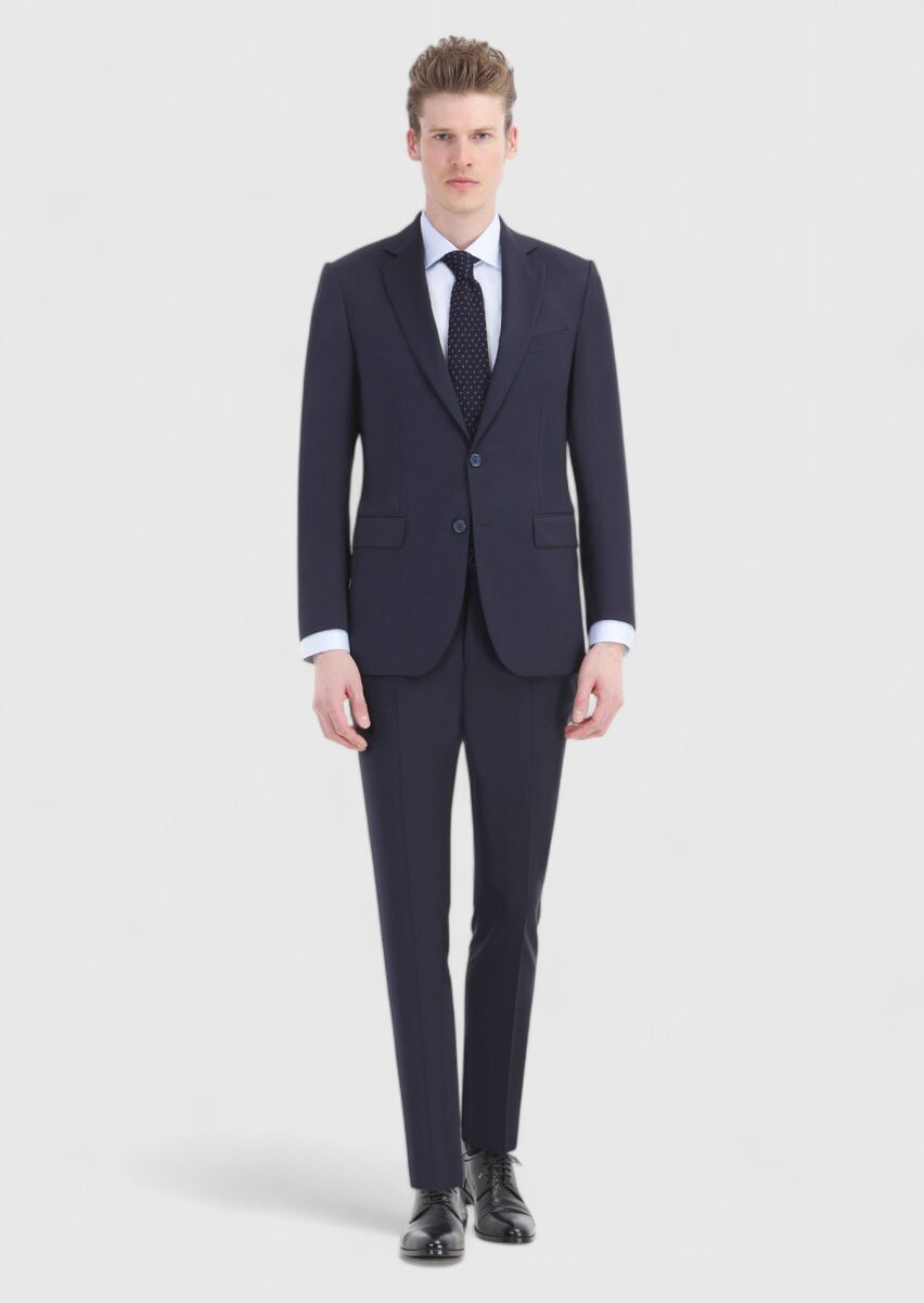 Navy Blue Plain Thin&Taller Slim Fit 100% Wool Suit - 1
