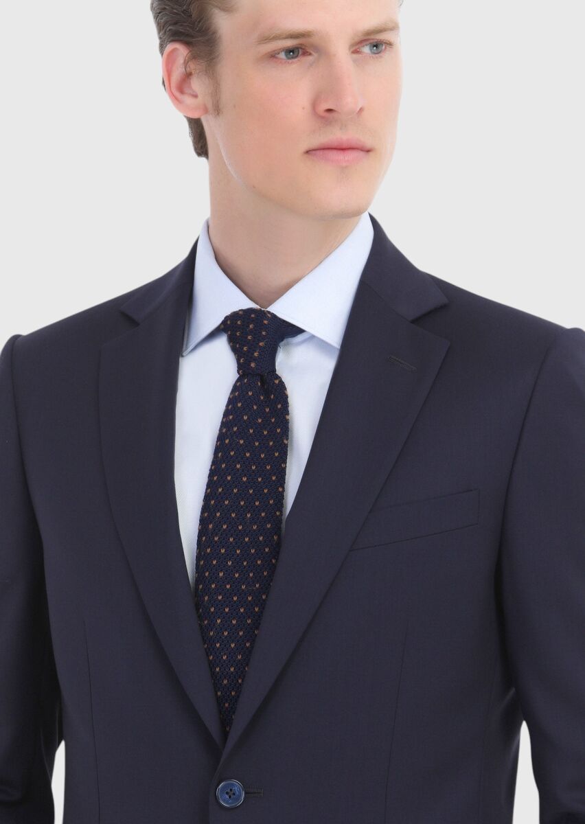 Navy Blue Plain Thin&Taller Slim Fit 100% Wool Suit - 4