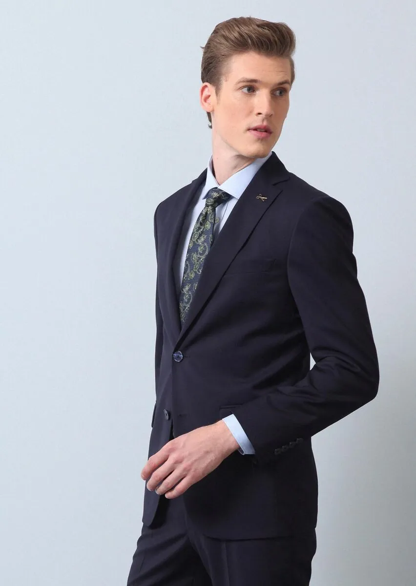 Navy Blue Plain Thin&Taller Slim Fit 100% Wool Suit - 1