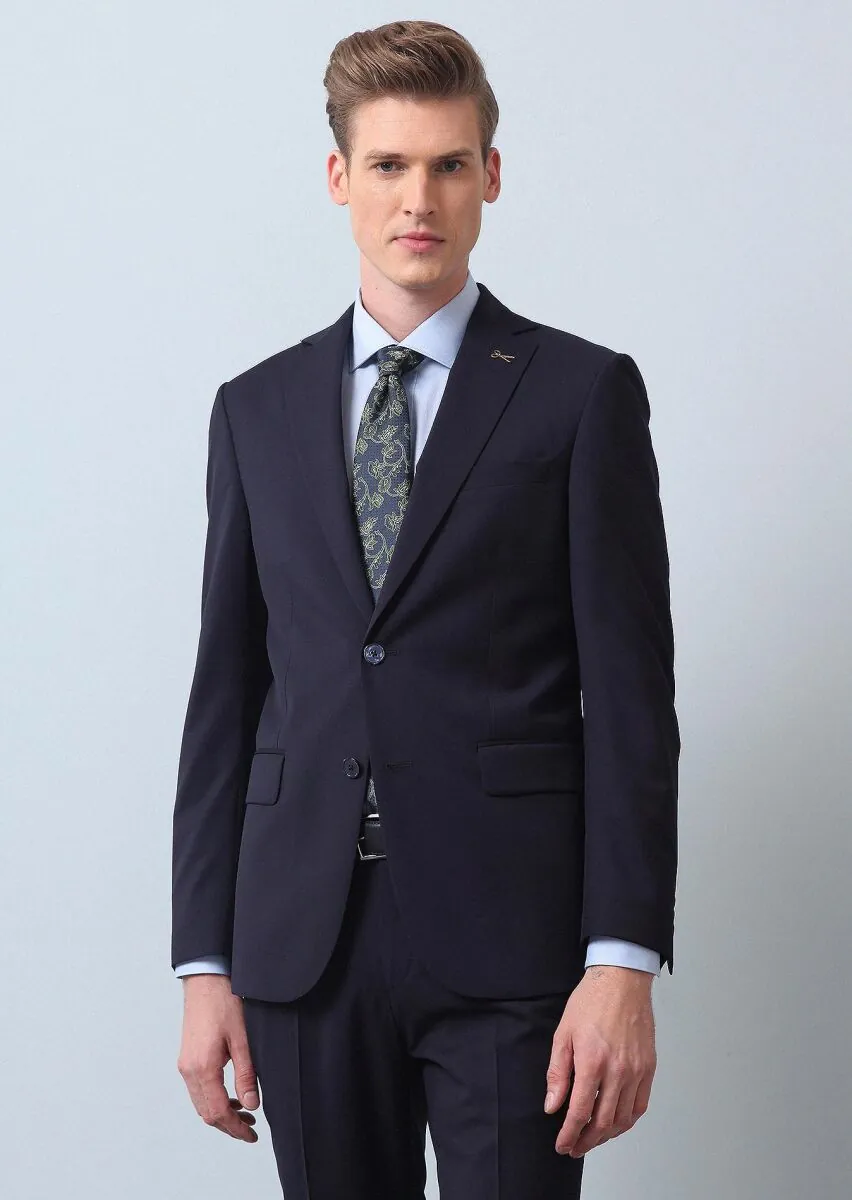 Navy Blue Plain Thin&Taller Slim Fit 100% Wool Suit - 2
