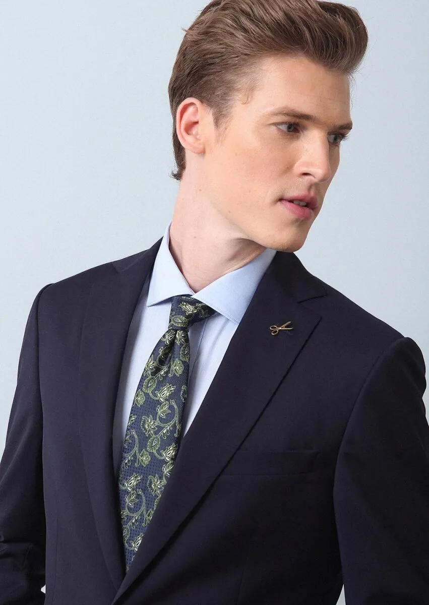 Navy Blue Plain Thin&Taller Slim Fit 100% Wool Suit - 3