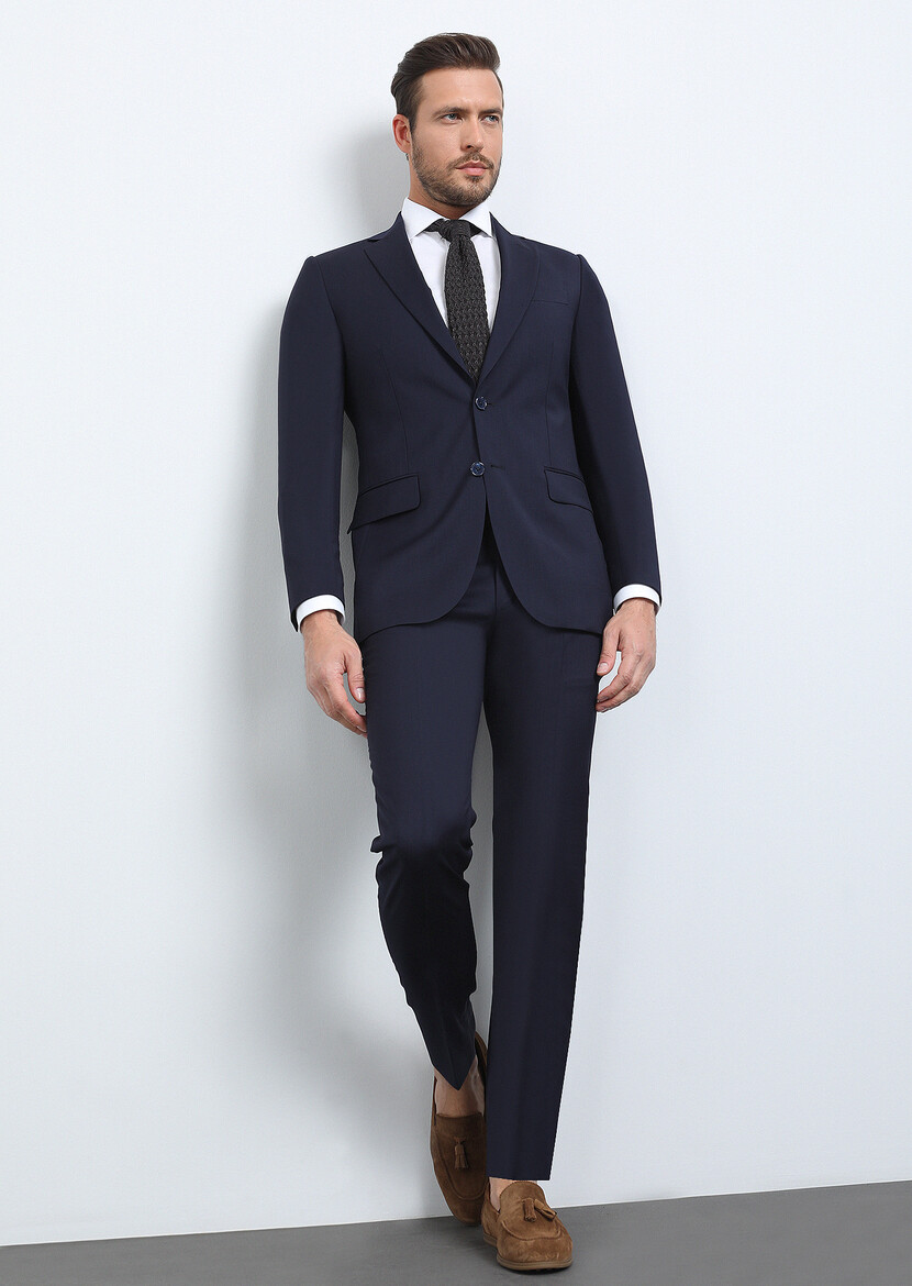 Navy Blue Plain Thin&Taller Slim Fit 100% Wool Suit - 1