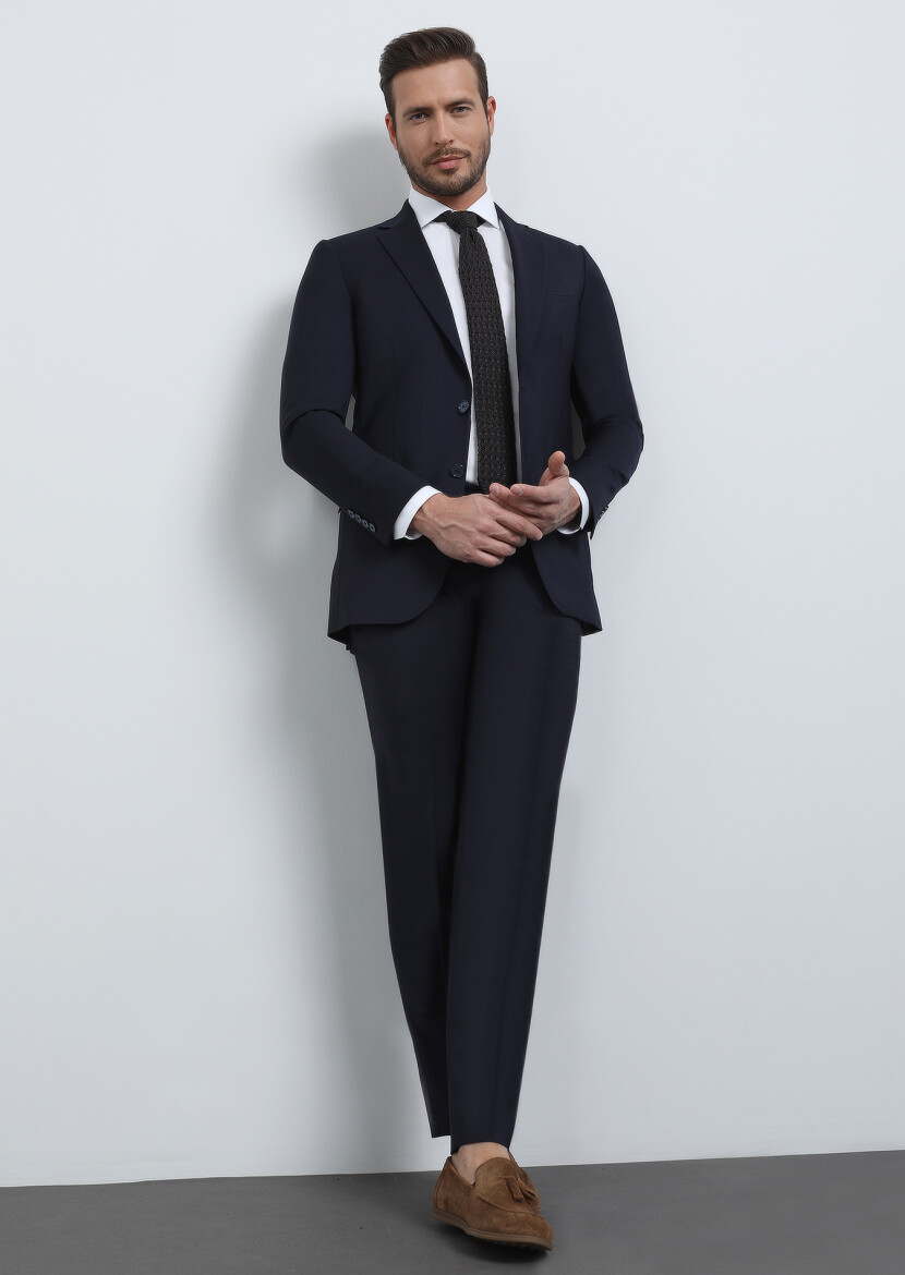 Navy Blue Plain Thin&Taller Slim Fit 100% Wool Suit - 4