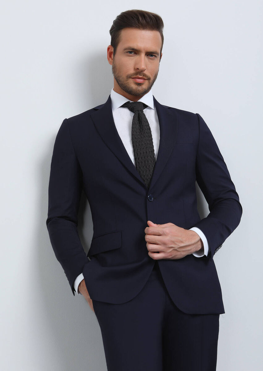 Navy Blue Plain Thin&Taller Slim Fit 100% Wool Suit - 2