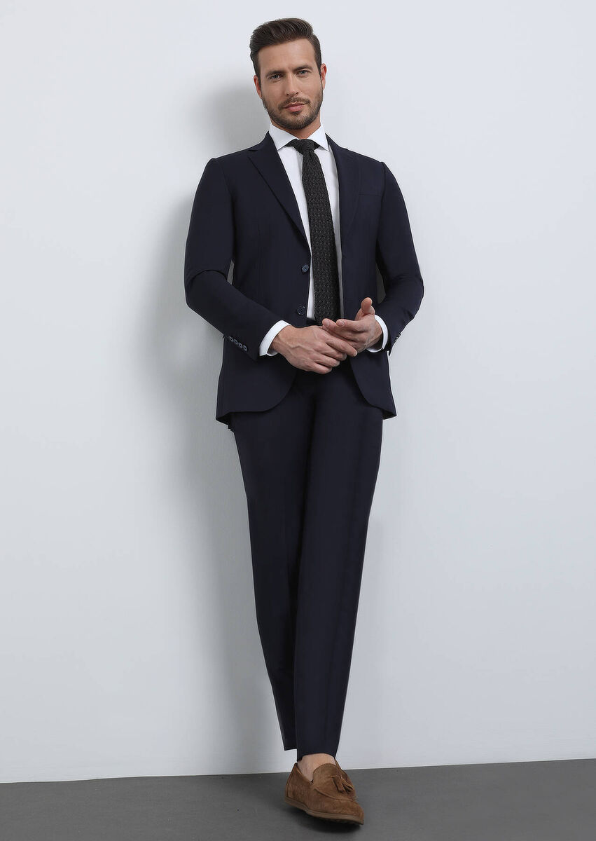 Navy Blue Plain Thin&Taller Slim Fit 100% Wool Suit - 1