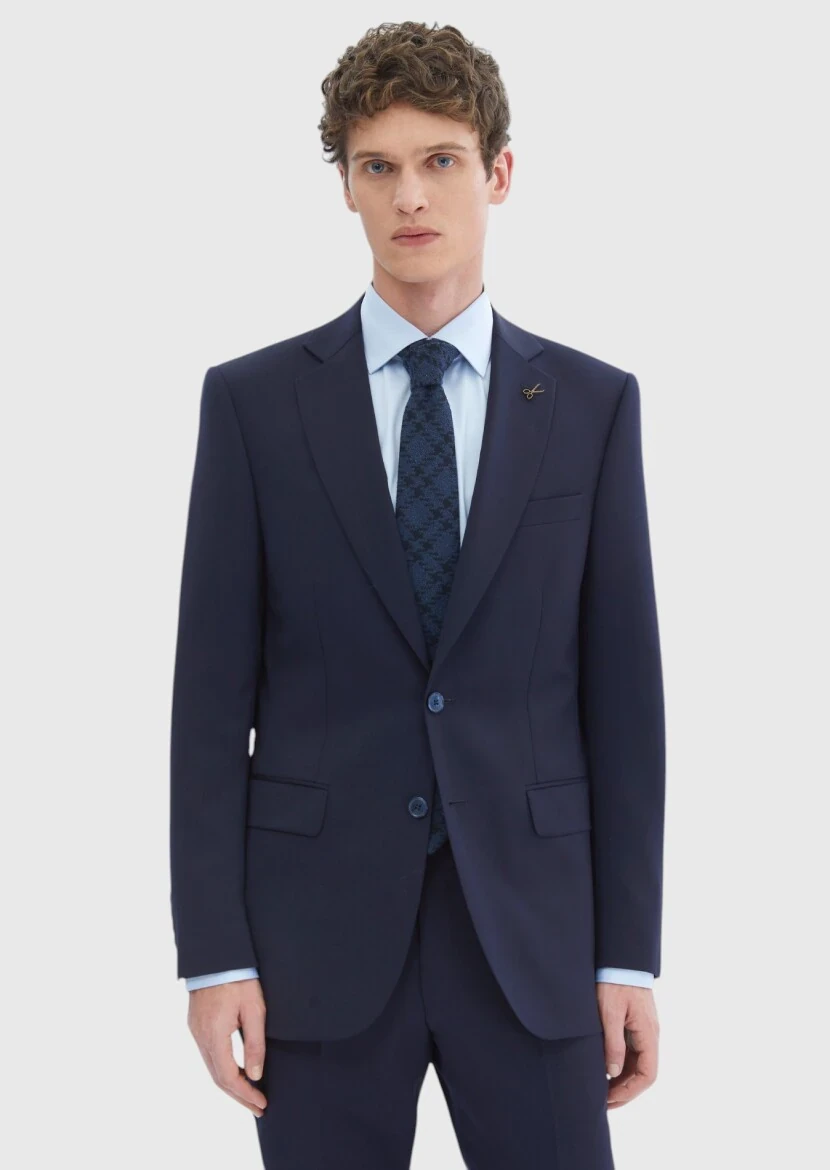 Navy Blue Plain Thin&Taller Slim Fit 100% Wool Suit - 1