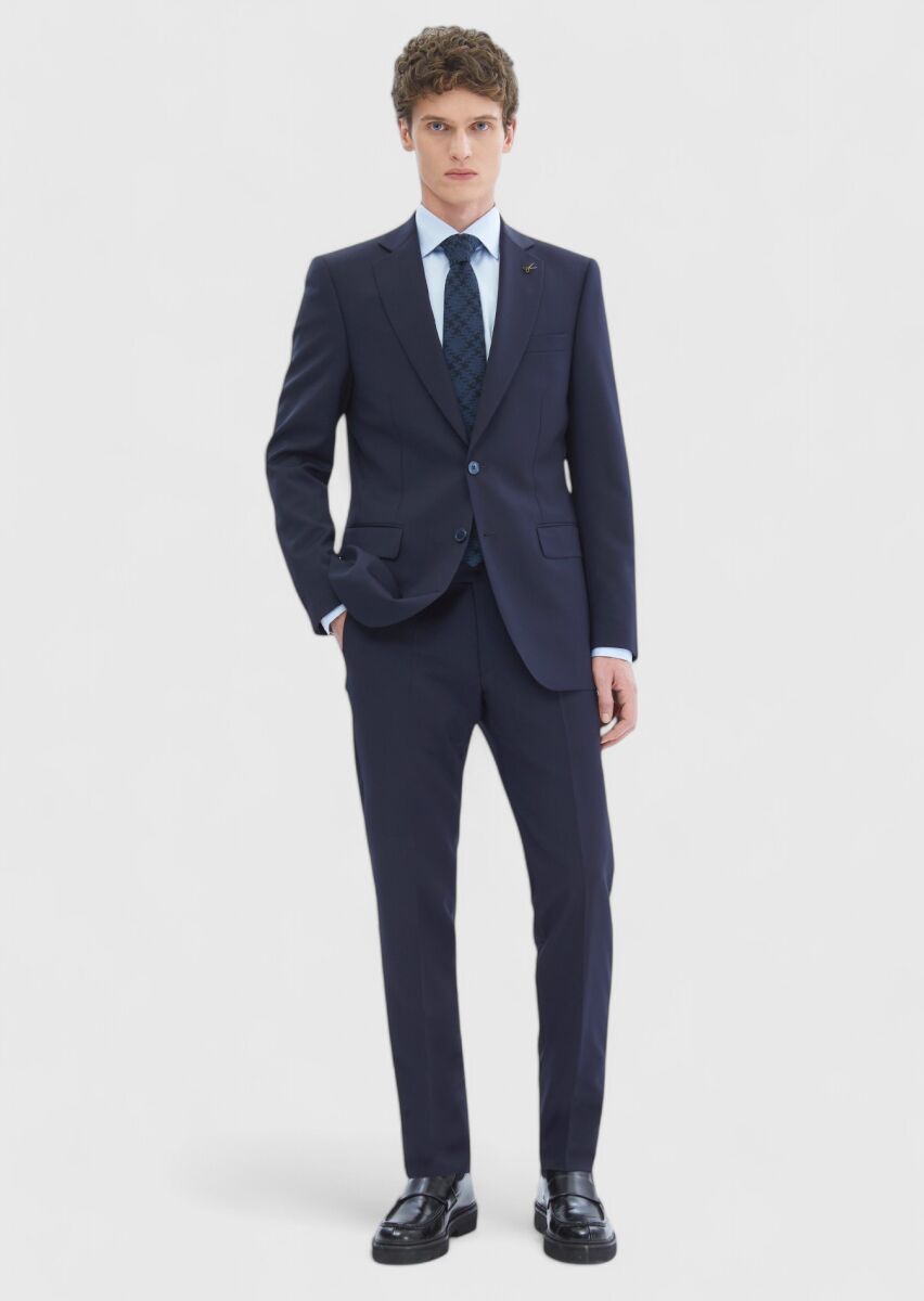 Navy Blue Plain Thin&Taller Slim Fit 100% Wool Suit - 2