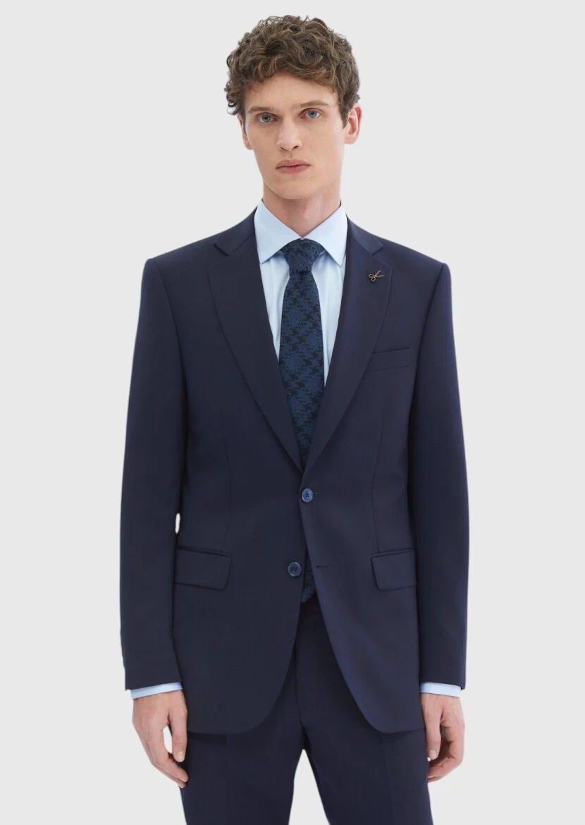 Navy Blue Plain Thin&Taller Slim Fit 100% Wool Suit - 1