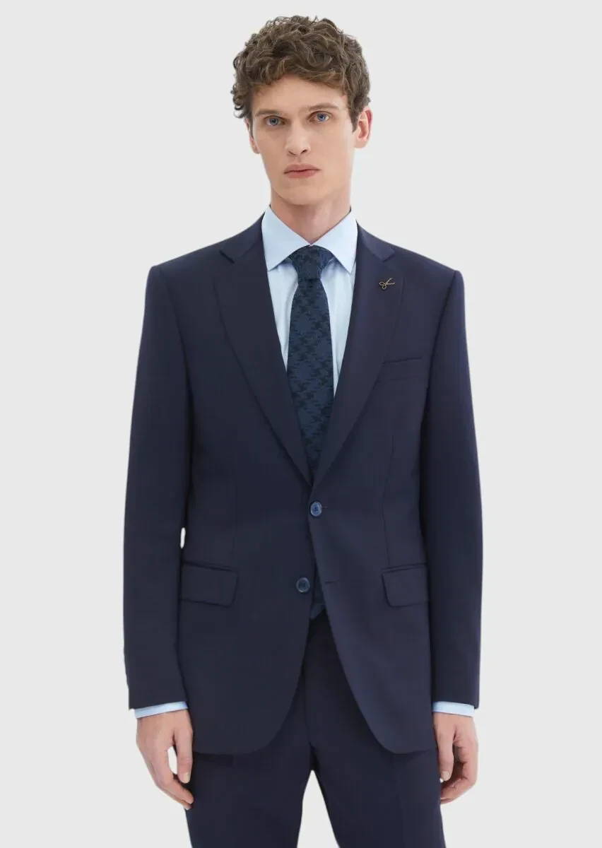 Navy Blue Plain Thin&Taller Slim Fit 100% Wool Suit - 1