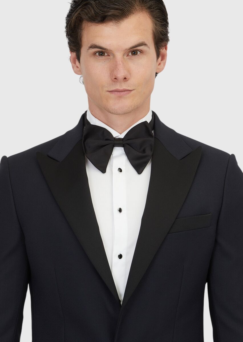 Navy Blue Plain Thin&Taller Slim Fit Double Breasted Collar Weaving Tuxedo - 3