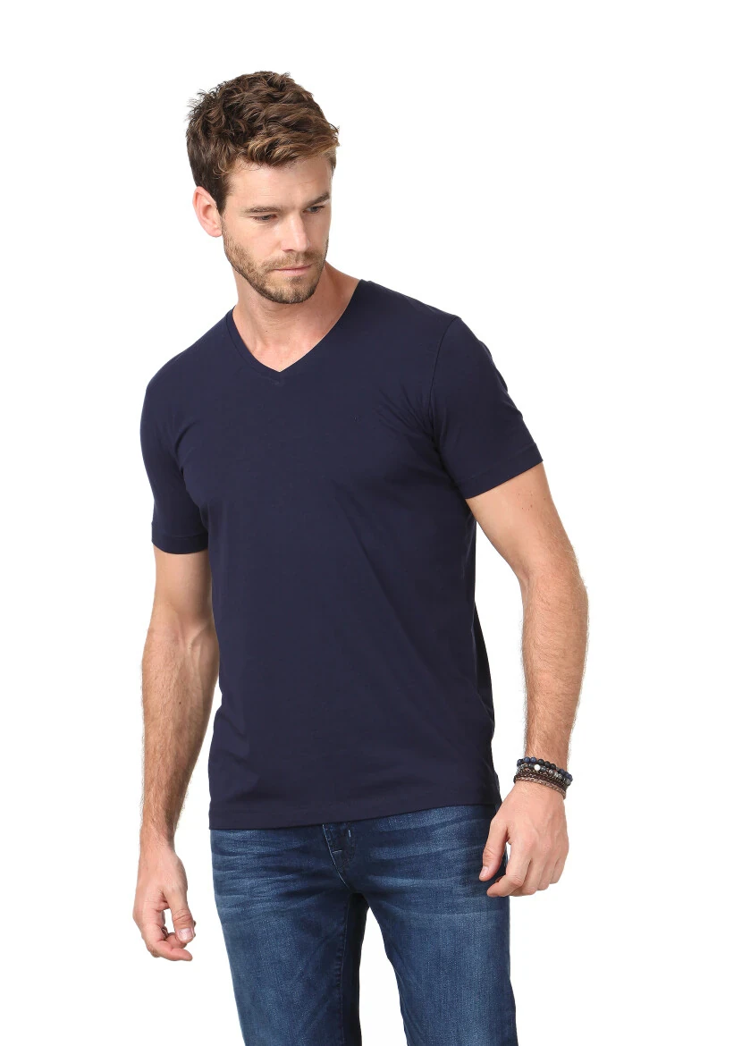 Navy Blue Plain V-Neck Cotton Blended T-Shirt - 1