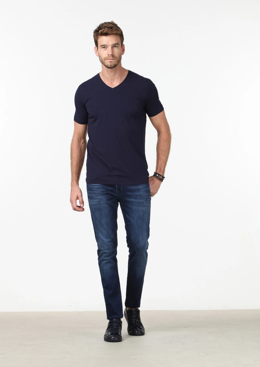 Navy Blue Plain V-Neck Cotton Blended T-Shirt - 2