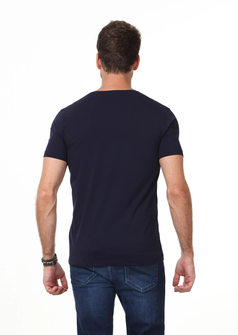 Navy Blue Plain V-Neck Cotton Blended T-Shirt - 4