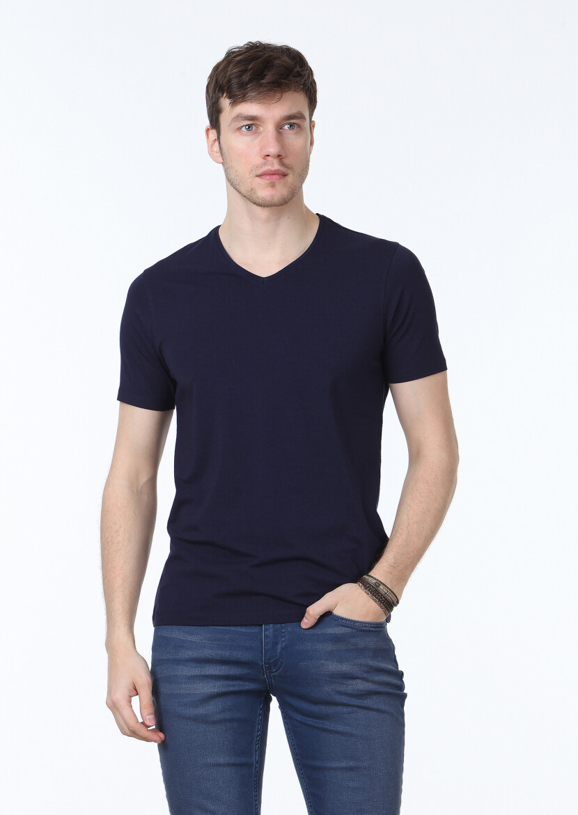 Navy Blue Plain V-Neck Cotton Blended T-Shirt - 1