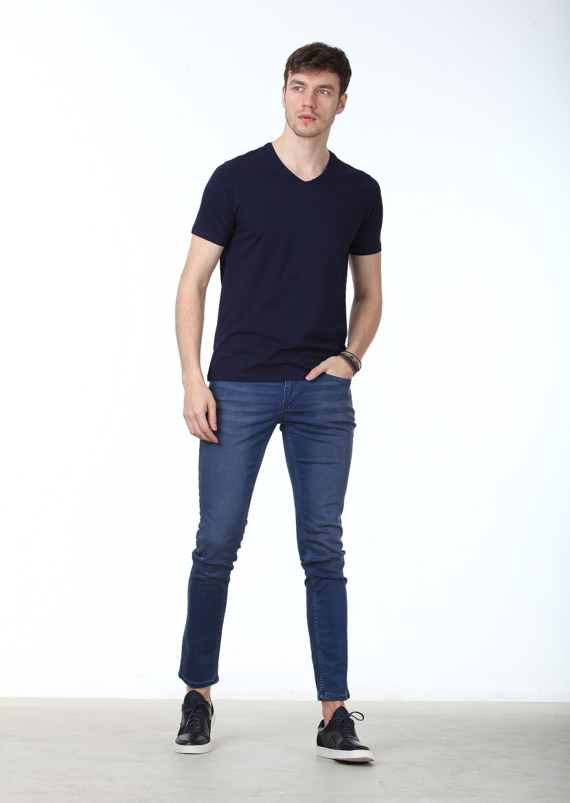Navy Blue Plain V-Neck Cotton Blended T-Shirt - 2