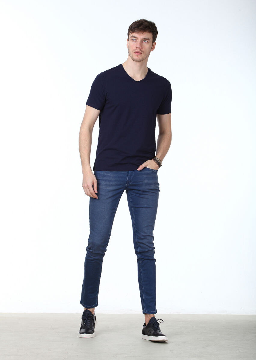 Navy Blue Plain V-Neck Cotton Blended T-Shirt - 2