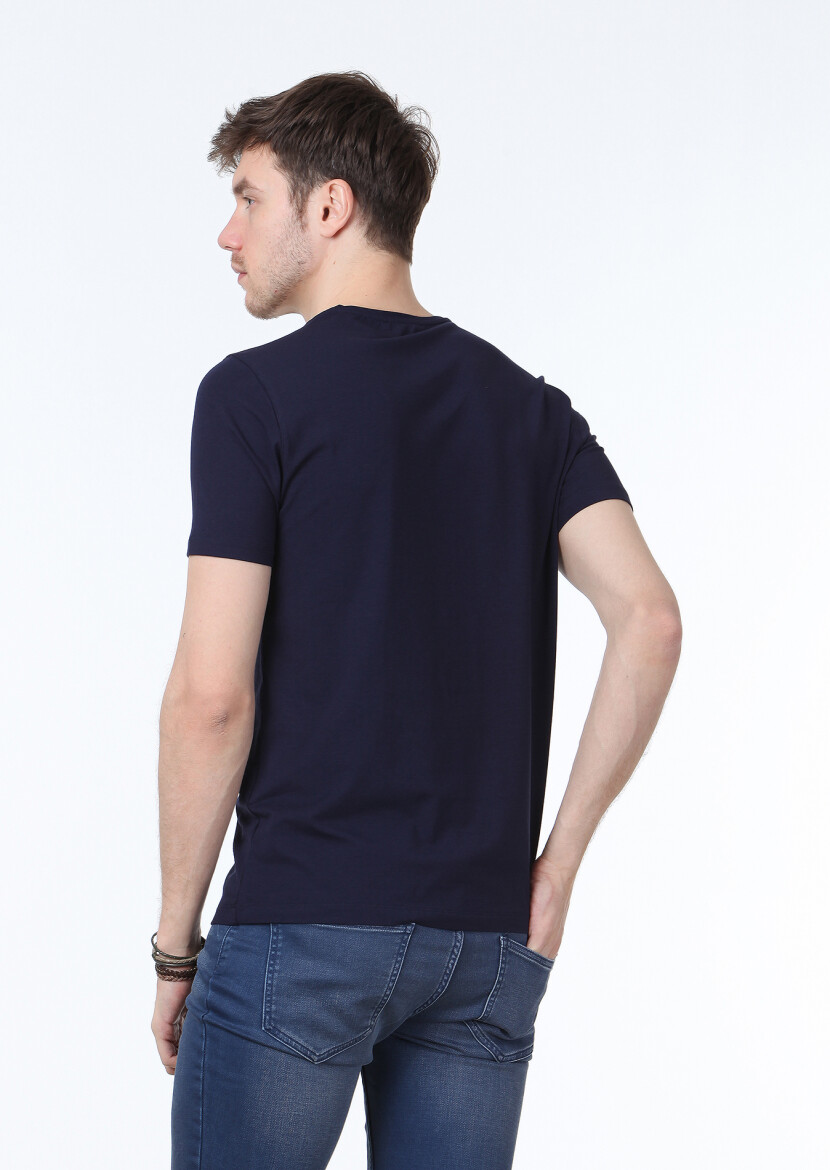 Navy Blue Plain V-Neck Cotton Blended T-Shirt - 4