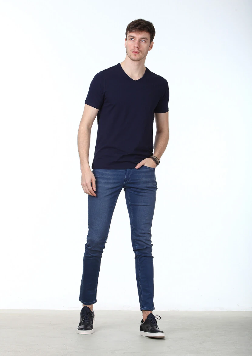 Navy Blue Plain V-Neck Cotton Blended T-Shirt 
