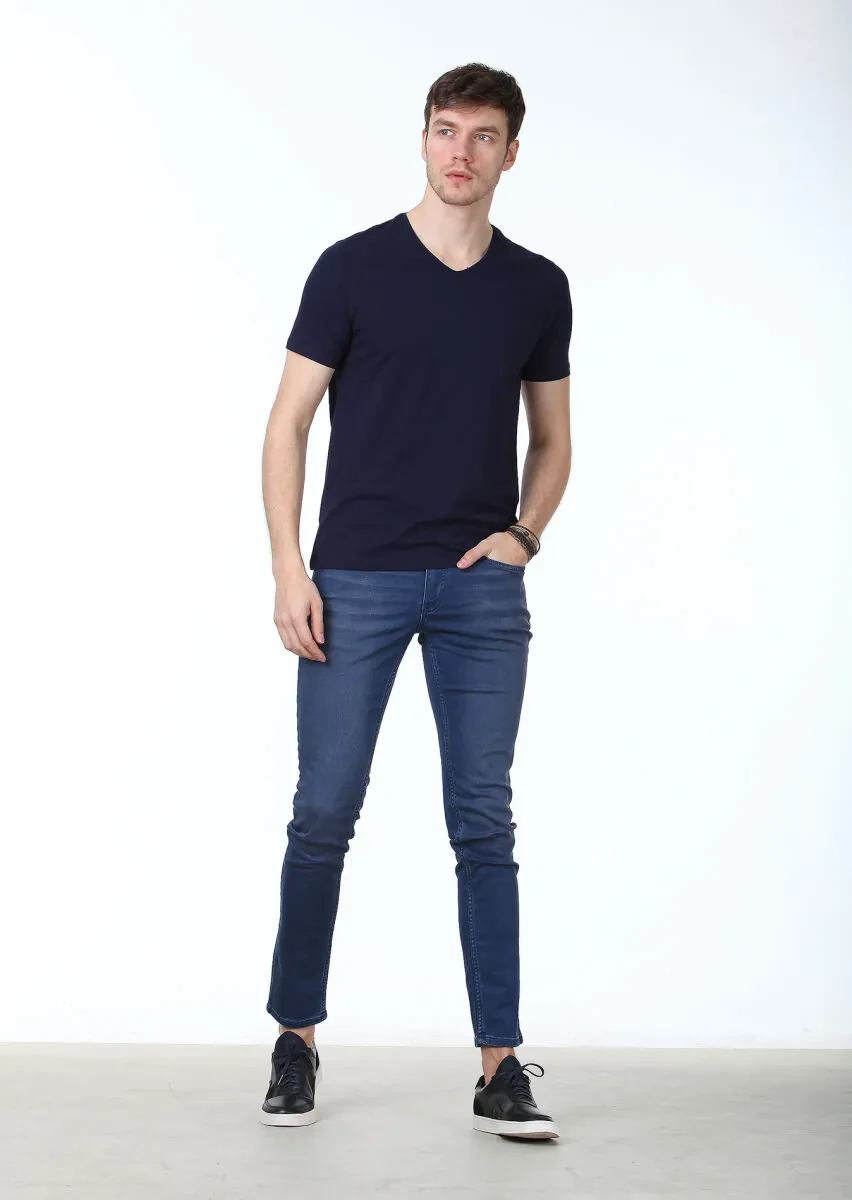 Navy Blue Plain V-Neck Cotton Blended T-Shirt - 2