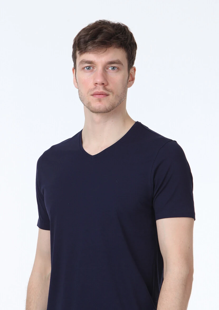 Navy Blue Plain V-Neck Cotton Blended T-Shirt - 3