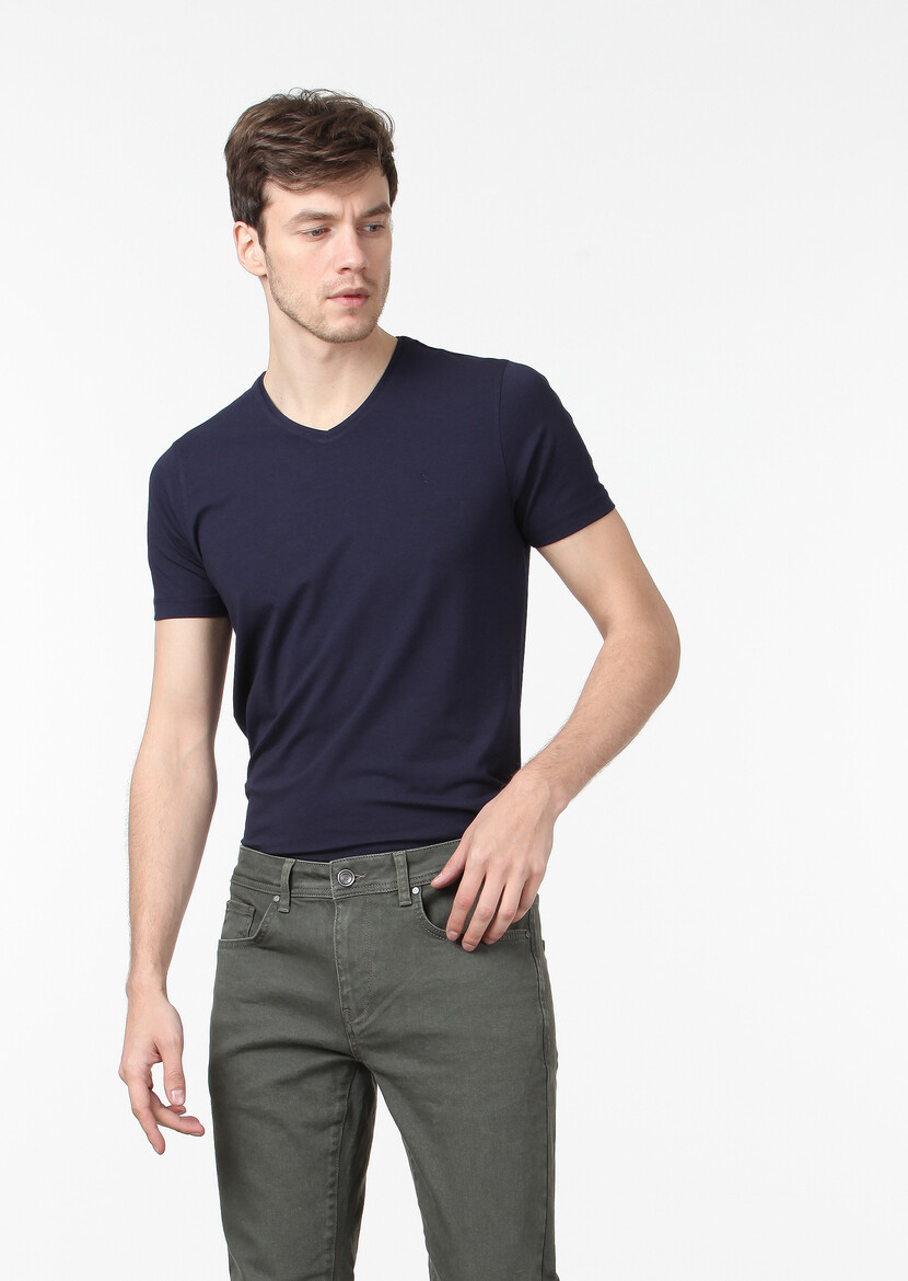 Navy Blue Plain V-Neck Cotton Blended T-Shirt - 2