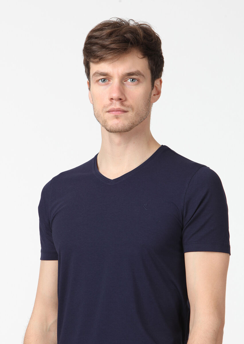 Navy Blue Plain V-Neck Cotton Blended T-Shirt - 3