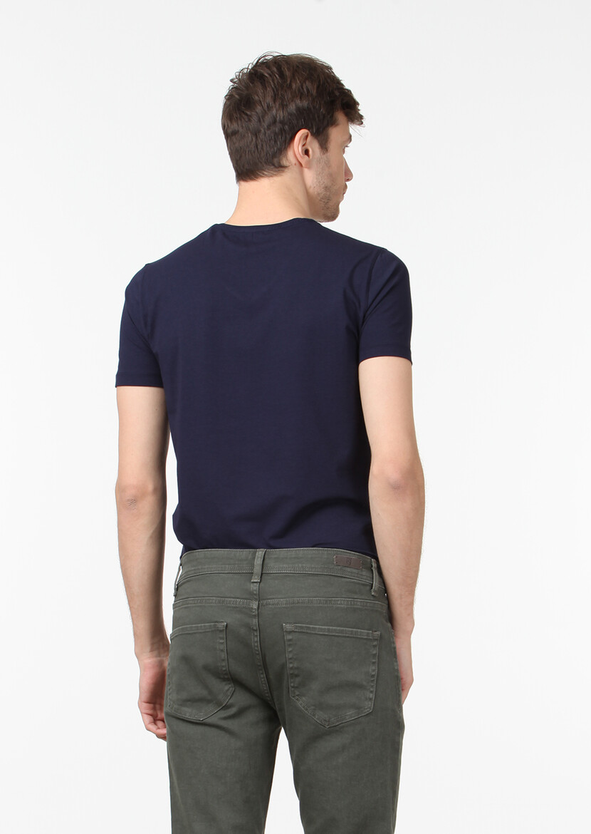 Navy Blue Plain V-Neck Cotton Blended T-Shirt - 4