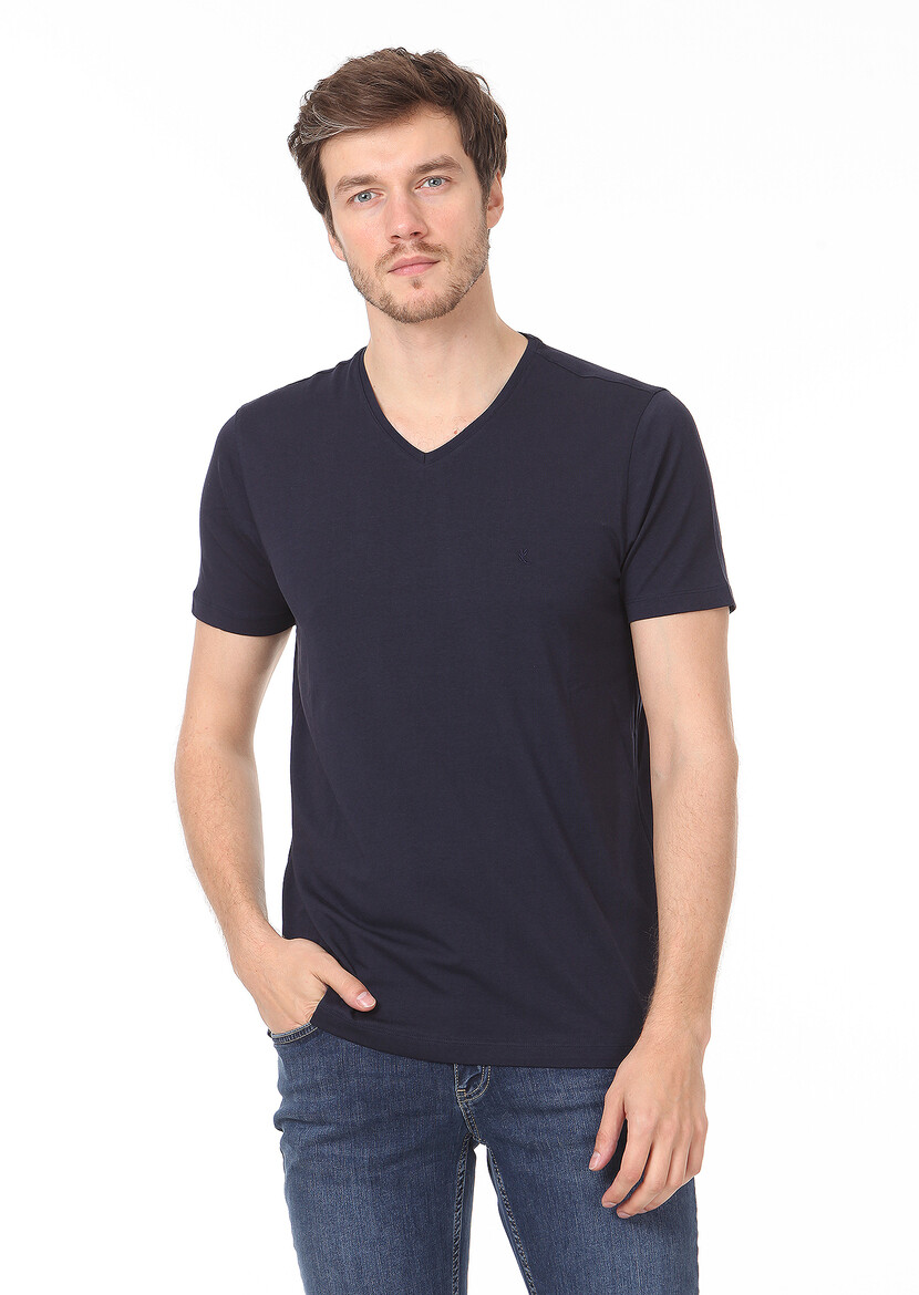 Navy Blue Plain V-Neck Cotton Blended T-Shirt 