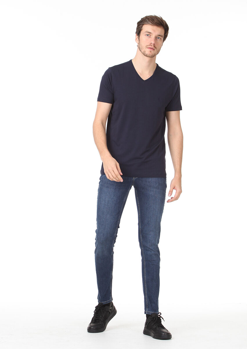 Navy Blue Plain V-Neck Cotton Blended T-Shirt - 3