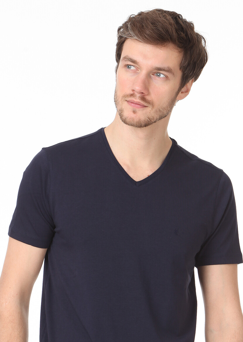 Navy Blue Plain V-Neck Cotton Blended T-Shirt - 2