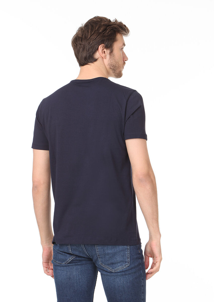 Navy Blue Plain V-Neck Cotton Blended T-Shirt - 4