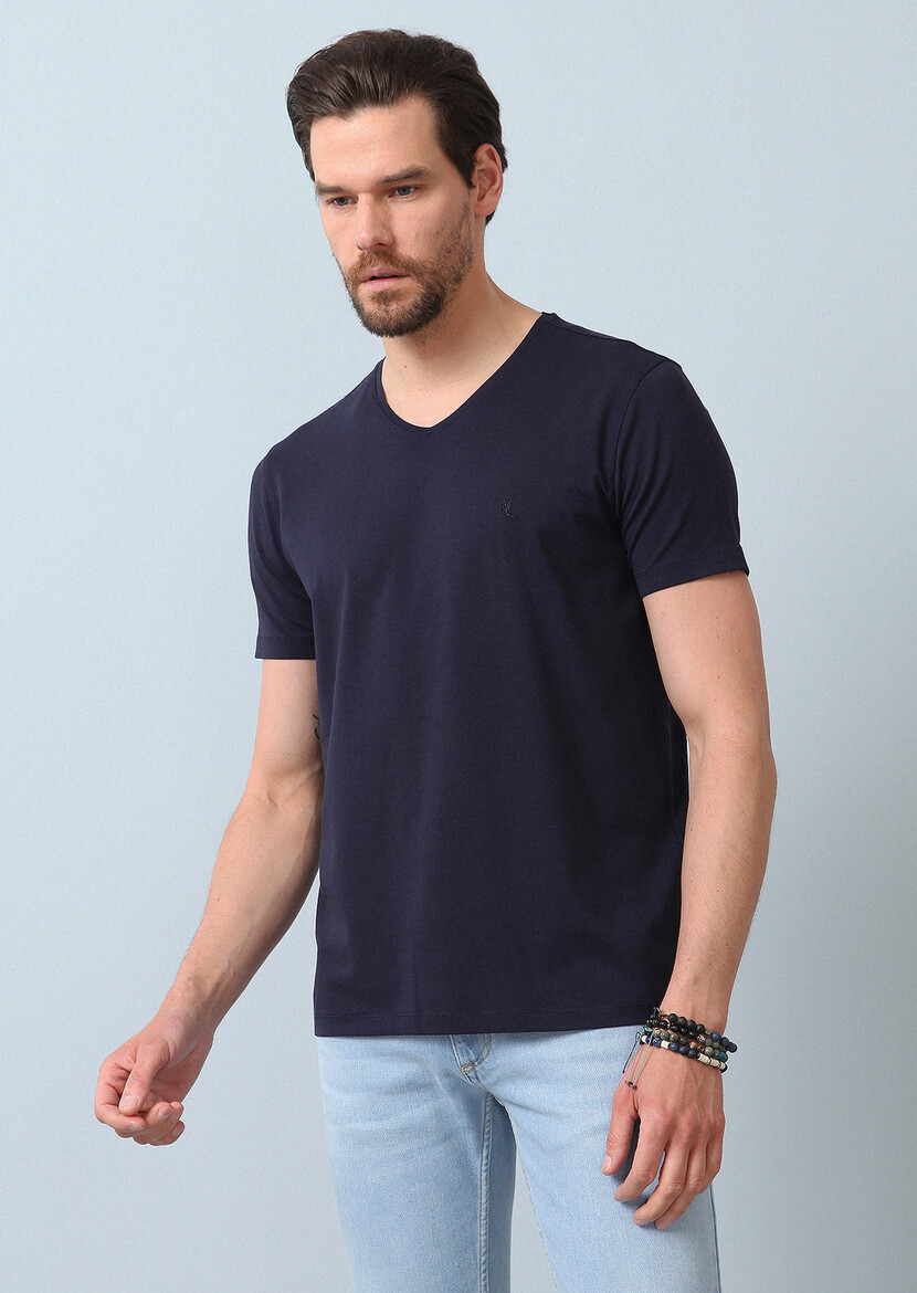 Navy Blue Plain V-Neck Cotton Blended T-Shirt - 1