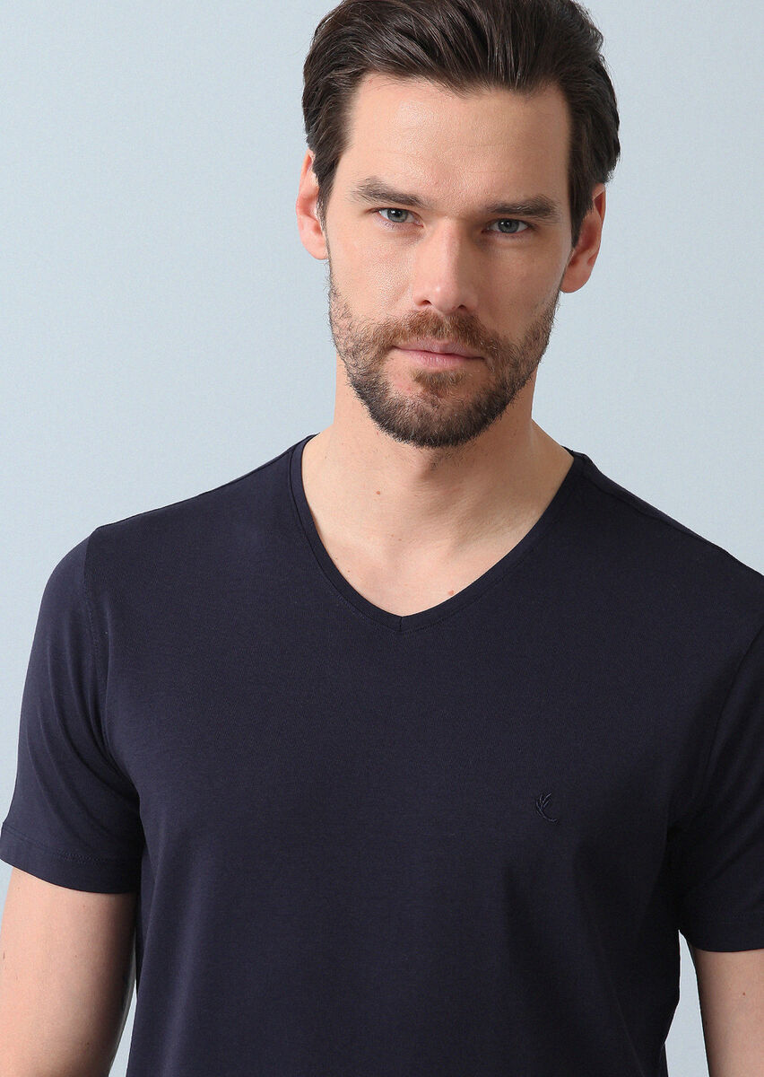 Navy Blue Plain V-Neck Cotton Blended T-Shirt - 2