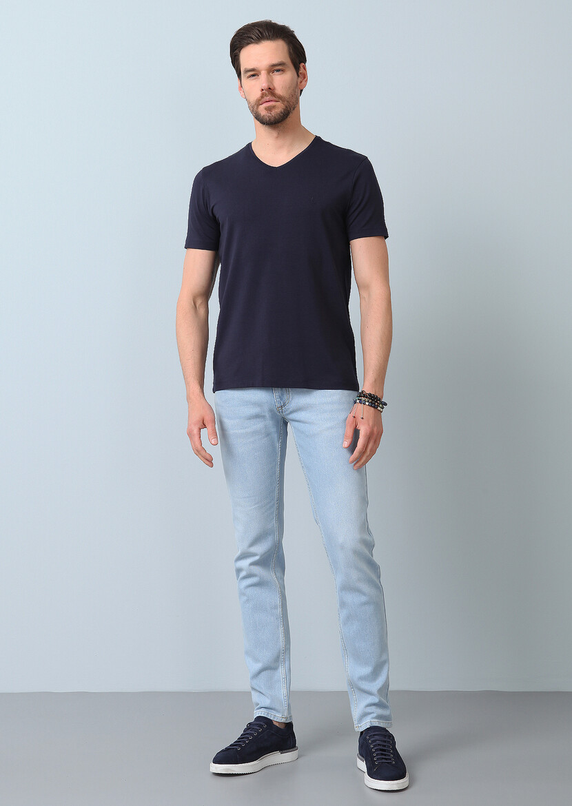 Navy Blue Plain V-Neck Cotton Blended T-Shirt - 3