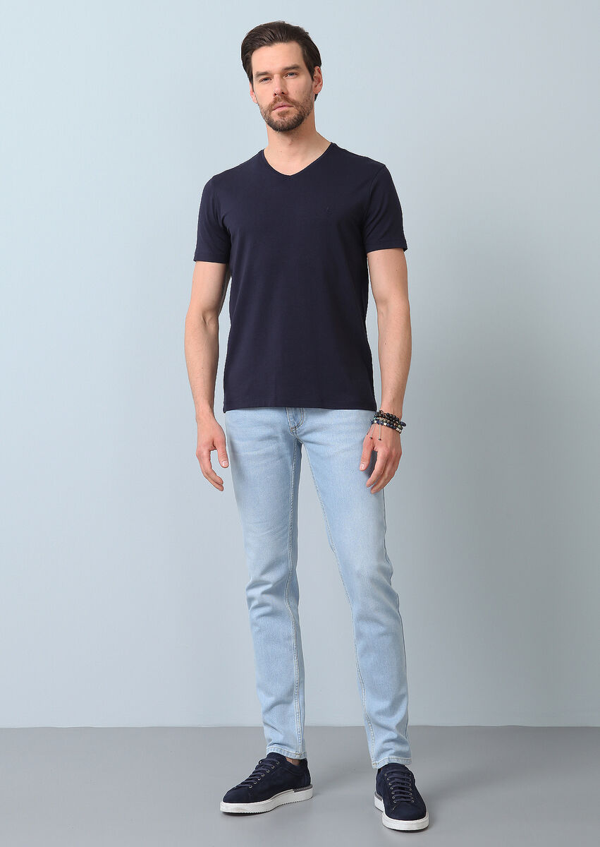 Navy Blue Plain V-Neck Cotton Blended T-Shirt - 3