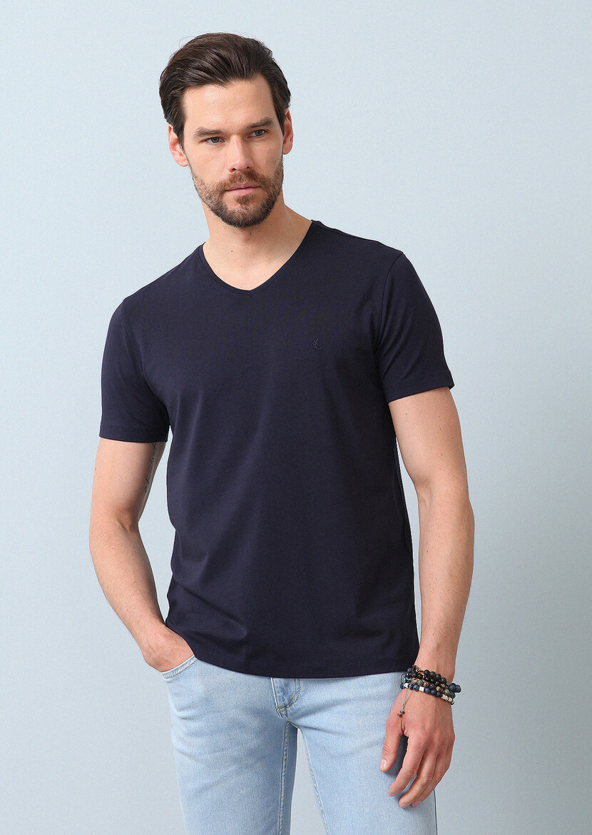 Navy Blue Plain V-Neck Cotton Blended T-Shirt - 4