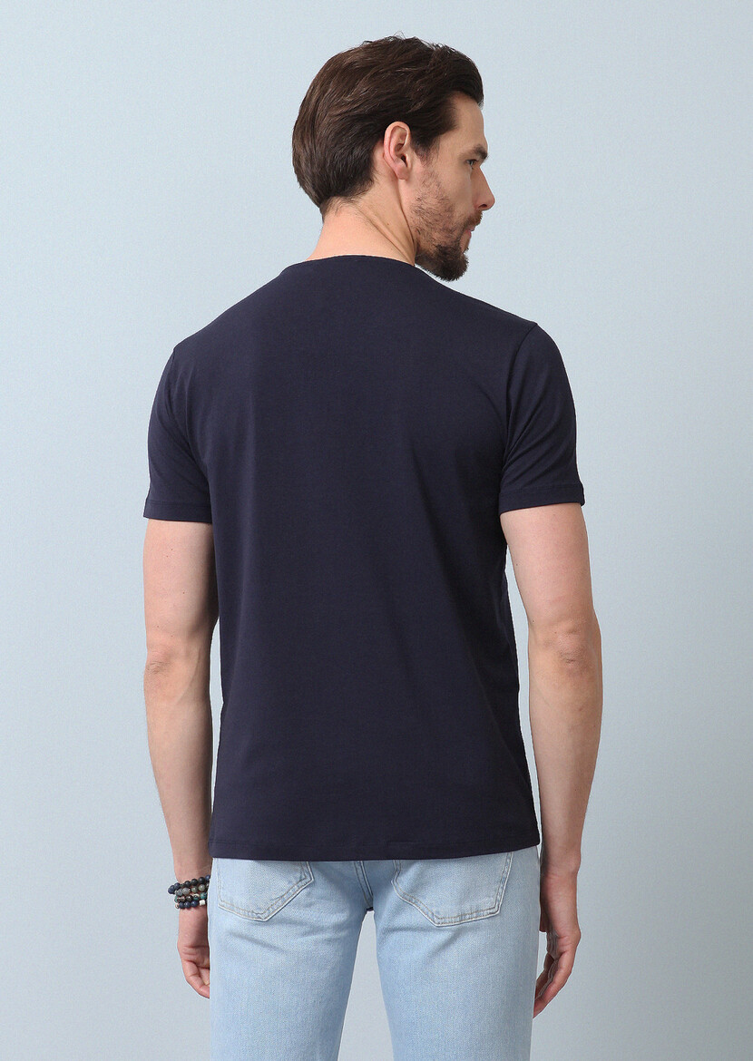 Navy Blue Plain V-Neck Cotton Blended T-Shirt - 6