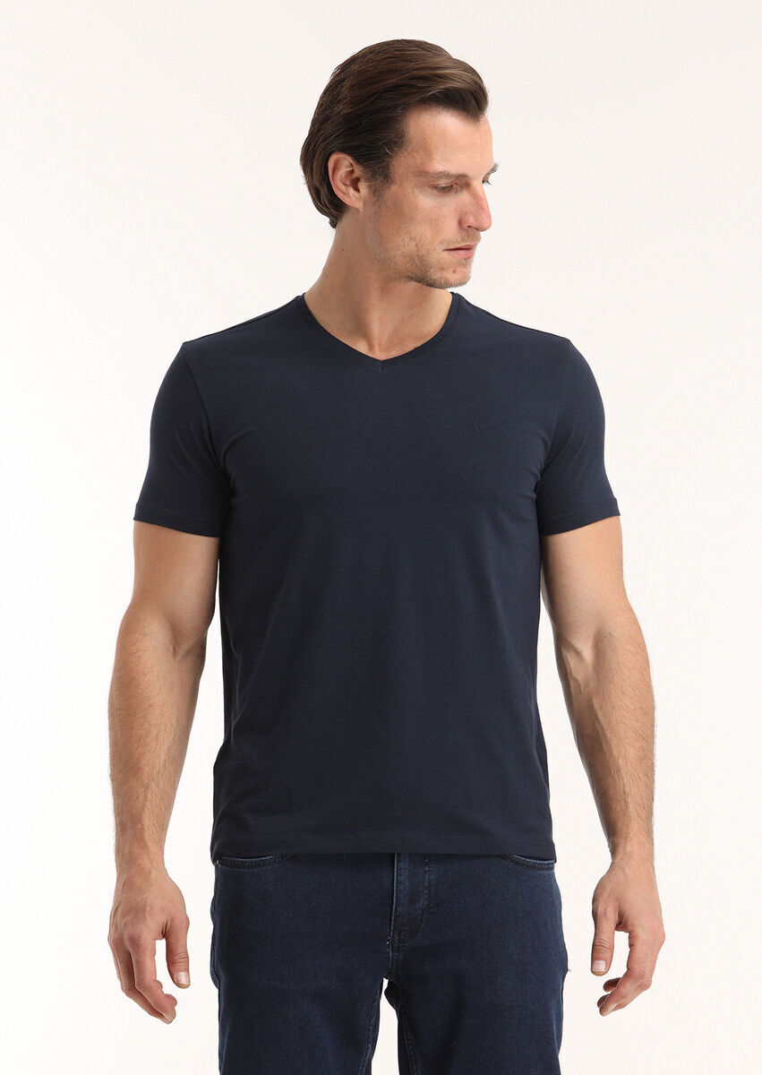 Navy Blue Plain V-Neck Cotton Blended T-Shirt - 1