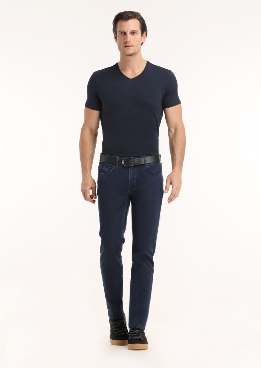 Navy Blue Plain V-Neck Cotton Blended T-Shirt - 2