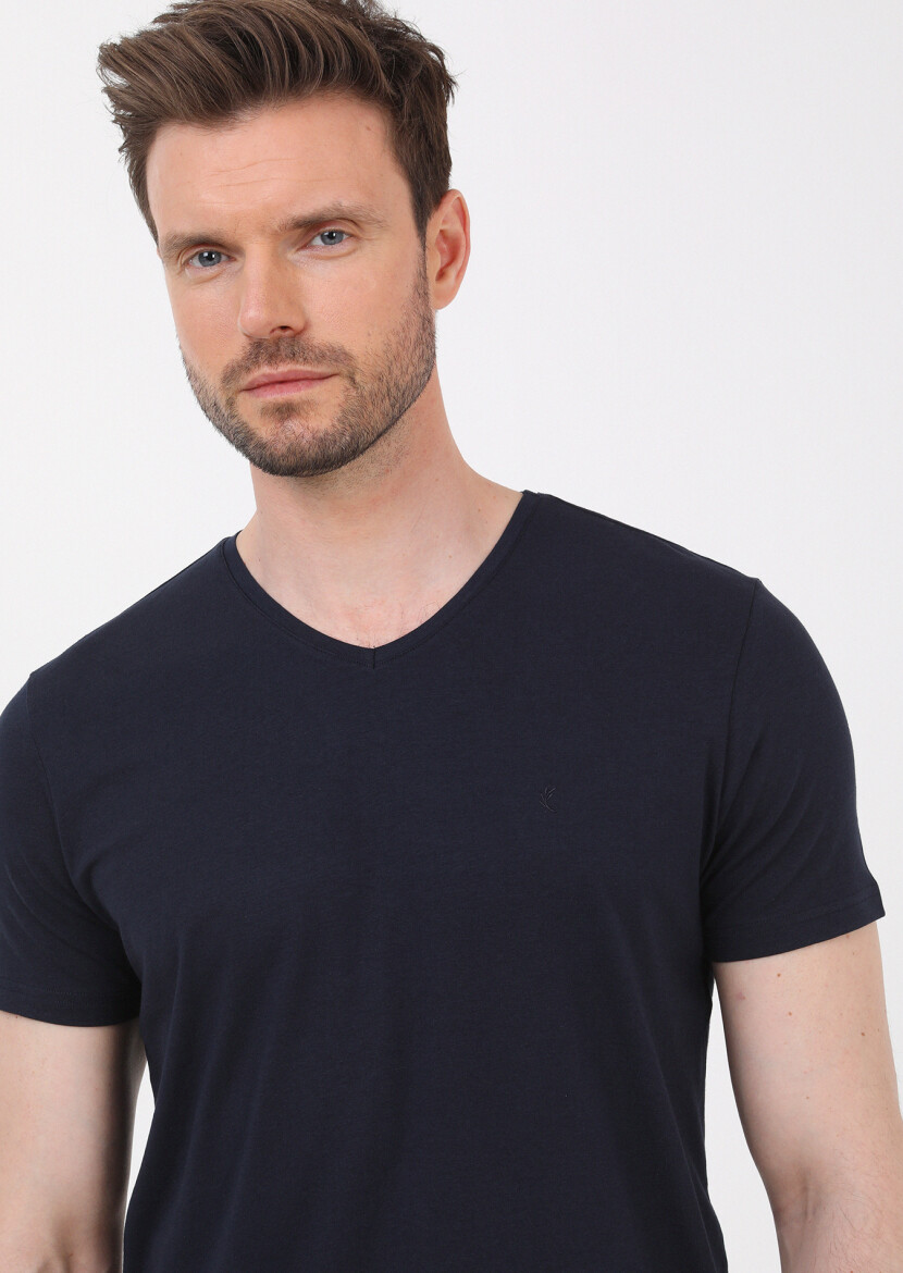 Navy Blue Plain V-Neck Cotton Blended T-Shirt 